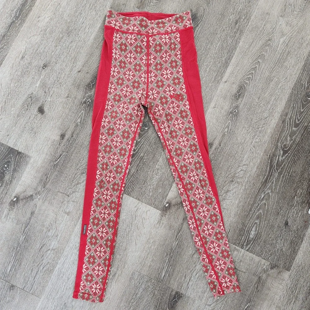 Kari Traa Rose High Waist Pants Red Merino Wool Thermal Base Layer Leggings XS